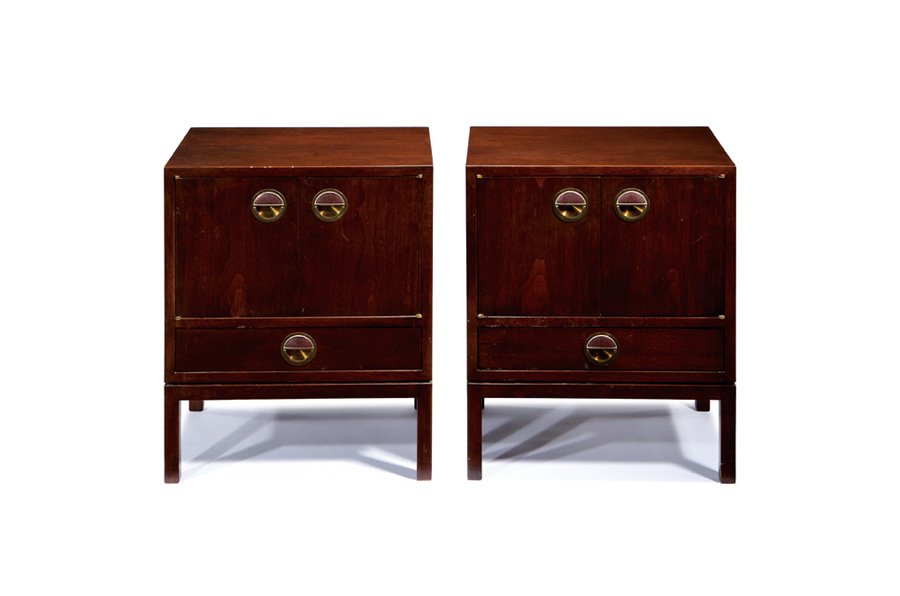 Edward Wormley, Janus bedside tables (2): Edward Wormley Janus bedside tables (2) Designed 1956 Walnut, brass, glazed ceramic Dunbar Each retains gold Dunbar tag Each: 25.25" x 20" x 15.25" With inset ceramic tiles by Gertrud & Otto Natzler E