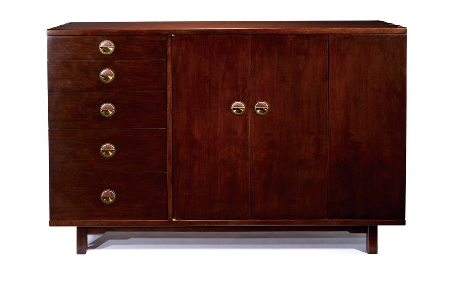 Edward Wormley, Janus large chest: Edward Wormley Janus large chest Designed 1956 Walnut, brass, glazed ceramic Model no. 5727 Dunbar Retains gold Dunbar tag 42" x 60" x 19.25" With inset ceramic tiles by Gertrud & Otto Natzler Litera