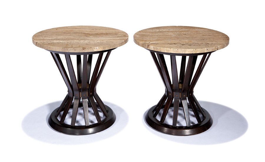 Edward Wormley, Sheaf of Wheat tables (2): Edward Wormley Sheaf of Wheat tables (2) Designed c. 1956 Travertine, mahogany, brass Model no. 5478 Dunbar 20" x 21" diameter Literature: Hockaday, Margaret. The Dunbar Book of Contemporary Furniture