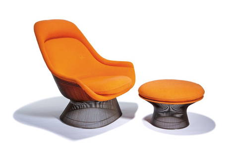 Warren Platner, Lounge chair and ottoman (2): Warren Platner Lounge chair and ottoman (2) Designed 1966, these examples executed 1976 Bronzed steel wire, upholstery Model no. 1705N (chair) Knoll International Each retains manufacturer's label Lou