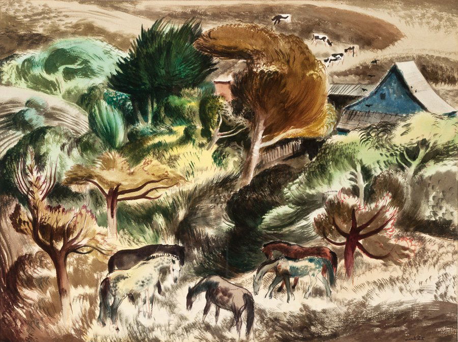 Millard Sheets, Below Half Moon Bay: Millard Sheets Below Half Moon Bay c. 1935 Watercolor on paper Signed "Millard Sheets" lower right; retains Dalzell Hatfield Galleries label verso; retains Faulkner Memorial Art Gallery label verso; r