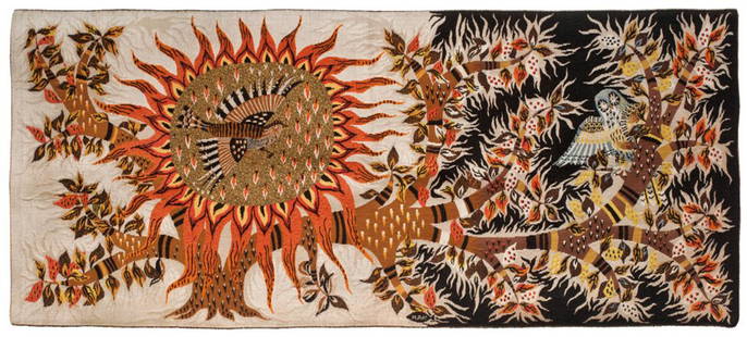 Michele Ray, L'aube: Michele Ray L'aube c. 1960s Woven wool tapestry From the edition of 250 Atelier Robert Four, Paris Woven signature "M. Ray"; inscribed in marker "1043" on the reverse 43.5" x 98" Estimate: $3000 - $50