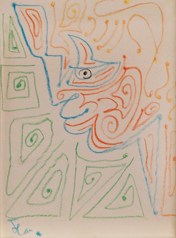 Jean Cocteau, Untitled: Jean Cocteau Untitled c. 1955 Colored wax crayon on paper Signed in crayon "Jean" lower left Image/Sheet (vis.): 7.75" x 5.75"; Frame: 16" x 12.5" Estimate: $1000 - $1500