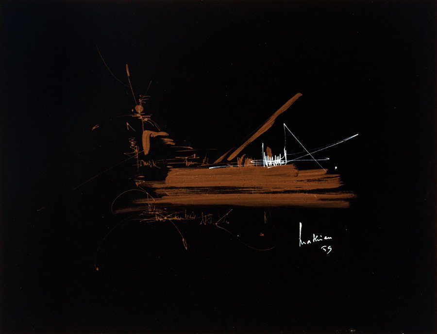 Georges Mathieu, Untitled: Georges Mathieu Untitled 1959 Metallic ink and gouache on board Signed and dated center right; retains Sotheby's New York label verso Image/Board: 19" x 24.75"; Frame: 25.325" x 31" Provenance: Janet
