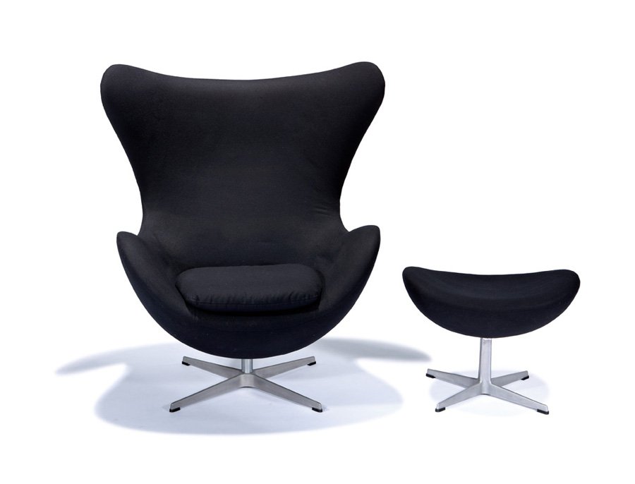 Arne Jacobsen, Egg chair and ottoman (2): Arne Jacobsen Egg chair and ottoman (2) Designed 1958, this example executed 1981 Aluminum, chrome-plated steel, upholstery Model nos. 3316 (chair), 3127 (ottoman) Fritz Hansen Retains dated manufactu