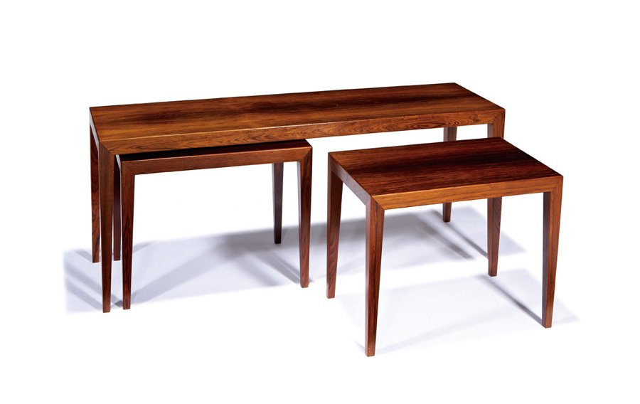 Severin Hansen, Nesting tables (3): Severin Hansen Nesting tables (3) Designed c. 1965 Brazilian rosewood veneer Haslev Møbelsnedkeri A/S One retains "Ny Bolig, Odense" retailer label and each retains "Danish Furniture Makers Contr