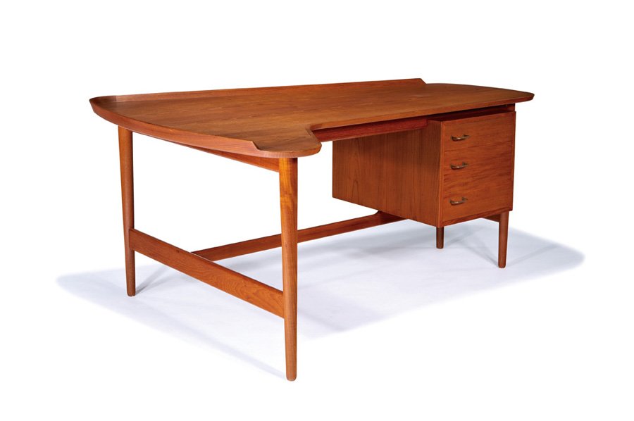 Arne Vodder, Desk: Arne Vodder Desk Designed c. 1955 Teak, brass, leather upholstery Model no. B085 (desk) Bovirke Each retains "Illums Bolighus København" tag Desk: 28" x 61.25" x 45.25"; Chair: 29.75" x 24.5" x