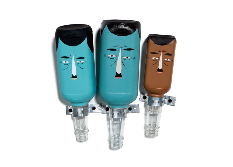 Barry McGee, Untitled (3 bottles): Barry McGee Untitled (3 bottles) 2005 Painted glass bottles in three parts 13.75" x 10" x 4.5" Provenance: Modern Art Inc, London, England; Private Collection, Italy (acquired via Phillips de Pury & C