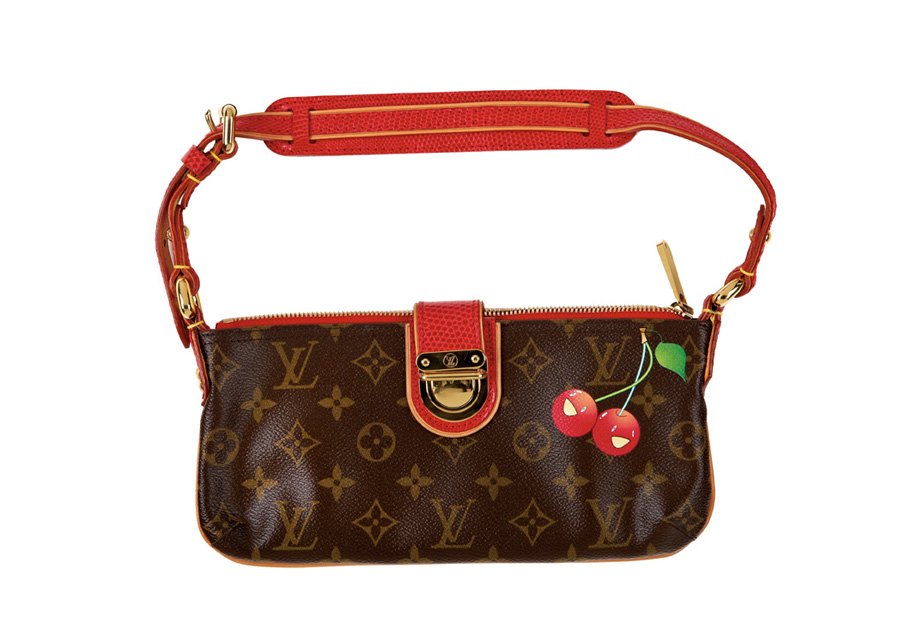 Takashi Murakami, Cerises Cherry Pochette: Takashi Murakami Cerises Cherry Pochette 2005 Monogrammed leather with color silkscreen and dyed-snake skin straps Louis Vuitton, Paris Stamped "Louis Vuitton" inside; signed in black-felt tip marker