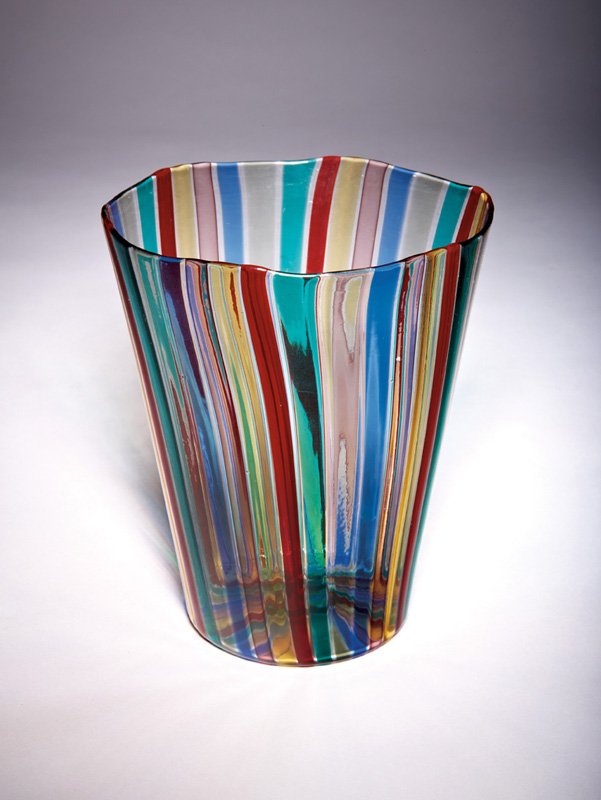 Gio Ponti, Cane vase: Gio Ponti Cane vase Designed 1955 Glass Venini Retains manufacturer's three line acid stencil mark "venini murano ITALIA" 6.5" x 5.25" diameter Literature: Venini Diaz de Santillana, Anna. Venini: Cat