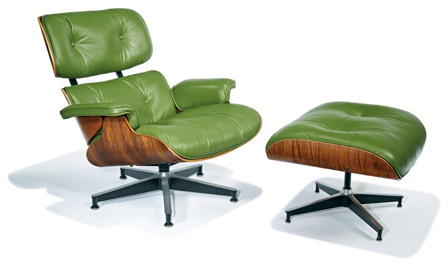 Charles & Ray Eames, Lounge chair and ottoman (2): Charles & Ray Eames Lounge chair and ottoman (2) Designed 1956, this example executed before 1990 Model nos. 670 (chair), 671 (ottoman) Herman Miller Each retains Herman Miller tag Chair: 31" x 33.5"