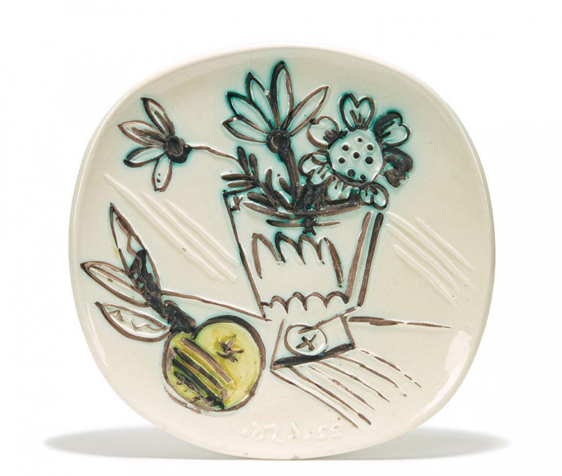 Pablo Picasso, Bunch With Apple: Pablo Picasso Bunch With Apple 1956 Plate of white earthenware clay, decoration accentuated with oxidized paraffin, oxides under glaze From the edition of 400 Madoura Stamped "Madoura Plein Feu" and "