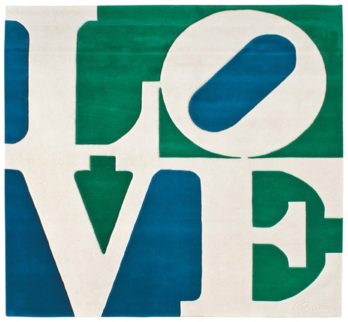 Robert Indiana, Chosen Love: Robert Indiana Chosen Love c. 1995 Hand carved and tufted archival New Zealand wool on stretched canvas with natural latex backing #109 of 175 Manufactured by Master Contemporary Original Artist Rugs 