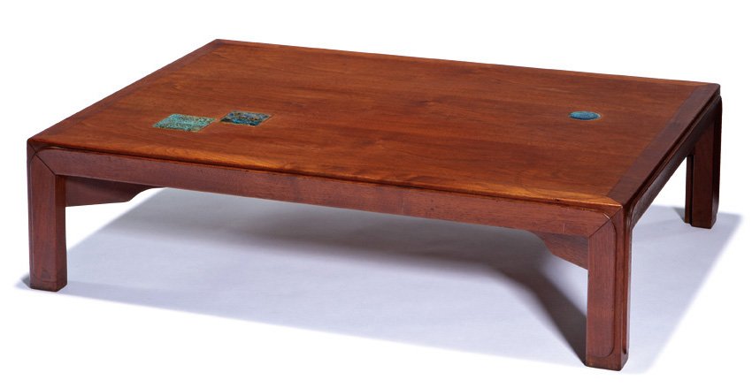 Edward Wormley, Custom lamp table: Edward Wormley Custom lamp table Designed 1956 Model no. 5742N Dunbar Retains gold Dunbar tag 8" x 30.25" x 22.25" With inset ceramic tiles by Gertrud & Otto Natzler Literature: Janus Series Catalogue
