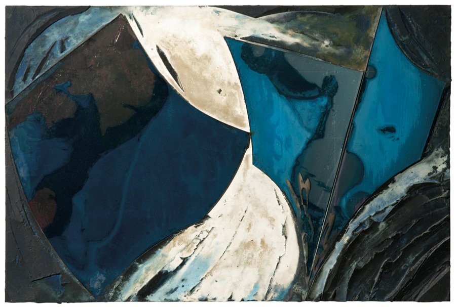 Laddie John Dill, Untitled: Laddie John Dill Untitled (Glass Composite Construction) 1983 Cement, glass, blue cobalt, oxide Signed and dated "Laddie John Dill 1983" verso 36" x 54" x 2.25" Provenance: Private Collection, Califor