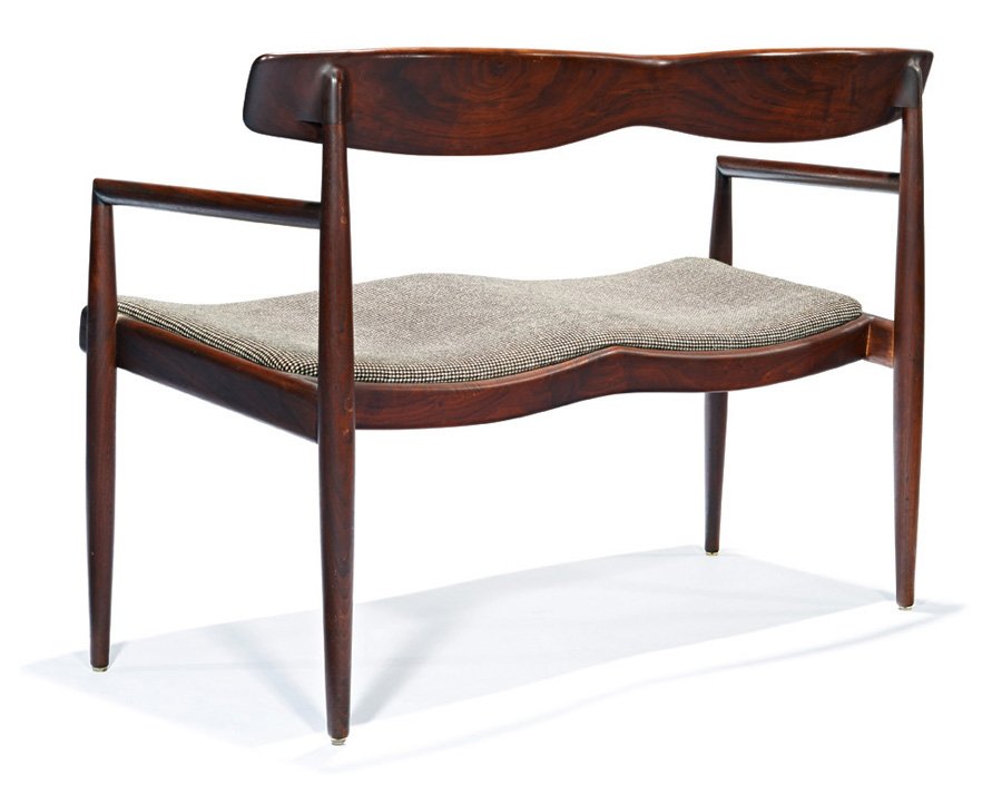 Sam Maloof, Bench: Sam Maloof Bench Executed 1955 Walnut, upholstery Studio Branded "1955 Sam Maloof" 30" x 44" x 19" Estimate: $8000 - $12000