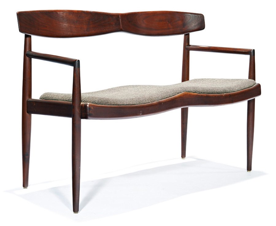 Sam Maloof, Bench: Sam Maloof Bench Executed 1955 Walnut, upholstery Studio Branded "1955 Sam Maloof" 30" x 44" x 19" Estimate: $8000 - $12000