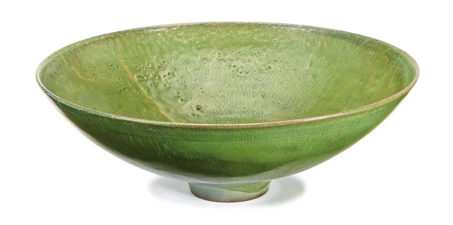Gertrud & Otto Natzler, Bowl: Gertrud & Otto Natzler Bowl Executed 1962 Apple green reduction glazed ceramic with flame mark and melt fissure M103 Studio Signed "Natzler" and retains Natzler inventory label "M103" and red tape 3.2