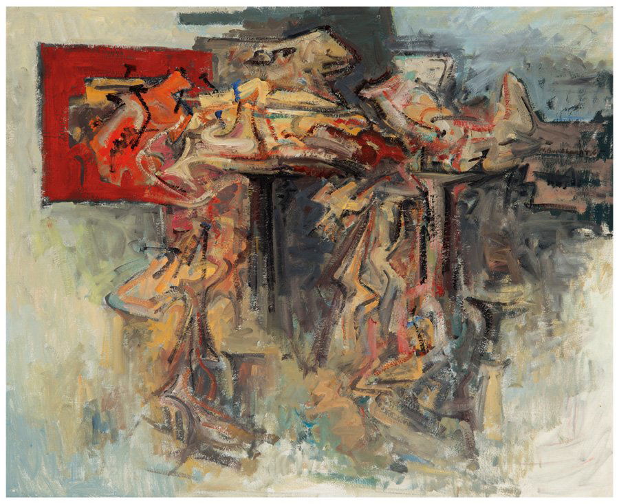 Hans Burkhardt, The Dead Leaves Weep: Hans Burkhardt The Dead Leaves Weep 1965 Oil on canvas Signed and dated "H. Burkhardt 65" center right; inscribed "the dead leaves weep" in pencil on canvas stretcher verso Canvas: 31.5" x 39"; Frame: