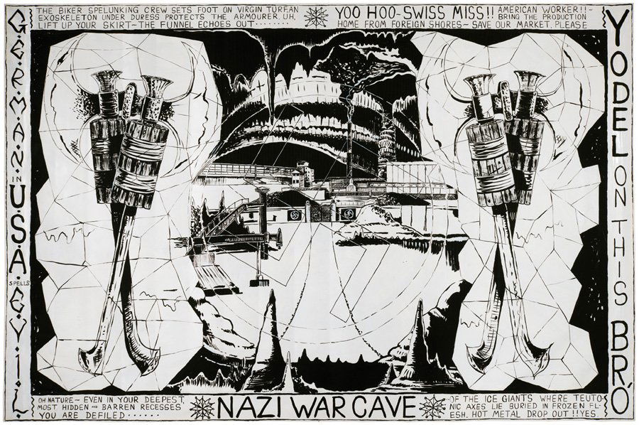 Mike Kelley, Nazi War Cave #1: Mike Kelley Nazi War Cave #1 1985 Acrylic on paper Retains 43rd Biennale of Venice exhibition label verso Sheet: 68.875" x 104"; Frame: 72.625" x 108.25" Provenance: Rosamund Felsen Gallery, Santa Mon