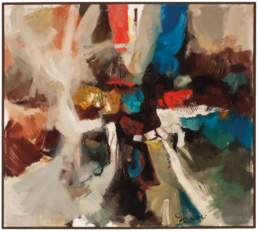 Robert Irwin, Untitled: Robert Irwin Untitled 1957 Oil on canvas Signed and dated lower right; bears the inscription "Irwin 3'7" 4' untitled painting 57..." on canvas stretcher verso Canvas: 43" x 48"; Frame: 44" x 49" Prove