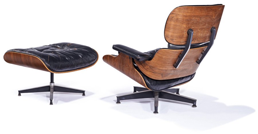 Charles & Ray Eames, Lounge chair and ottoman (2): Charles & Ray Eames Lounge chair and ottoman (2) Designed 1956; this example executed before 1990 Model nos. 670 (chair), 671 (ottoman) Herman Miller Each retains Herman Miller label Chair: 31" x 33.5