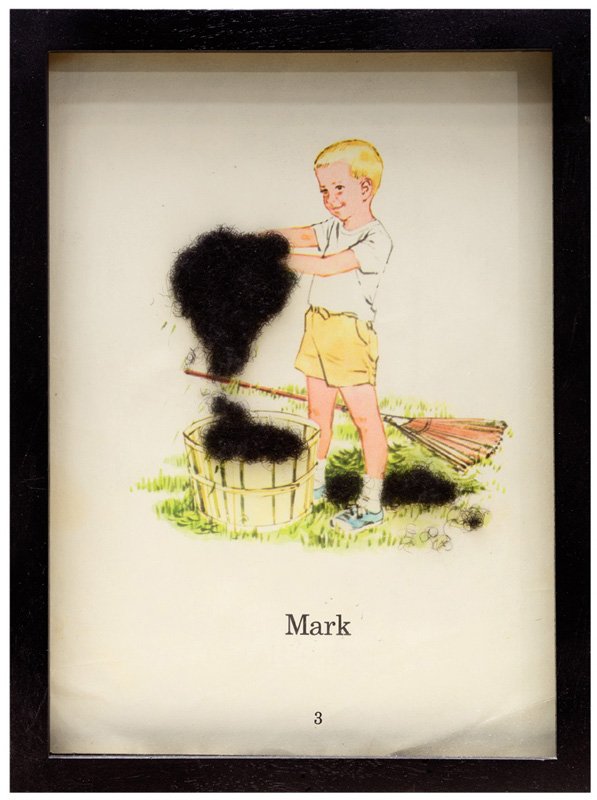 Kori Newkirk, Nappy Days (7): Kori Newkirk Nappy Days (7) 1998-99 Book pages, hair, mixed media Each retains Rosamund Felsen Gallery label verso Image/sheet (vis.) each: 8.5" x 6"; Frame each: 9.5" x 7" Provenance: Rosamund Felsen