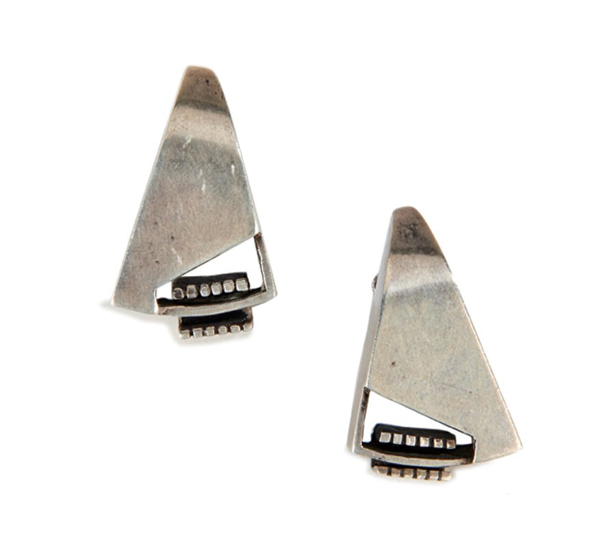 Margaret De Patta, Earrings: Margaret De Patta Earrings Executed c. 1955 Studio One stamped "Sterling" the other with artist's cipher and "de patta" Each: 1.125" x 1.25" x .5" Estimate: $2000 - $3000