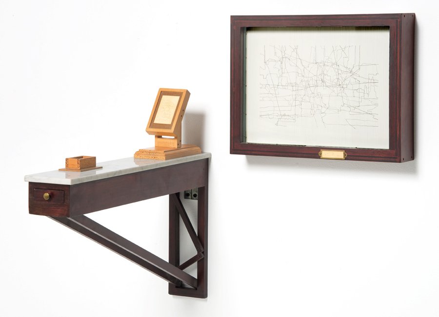 Loren Calaway, Sculpture and Abstract Line Drawing (2): Loren Calaway Sculpture and Abstract Line Drawing (2) 1982 Wood, brass, marble; painted wooden panel and ink Sculpture signed, dated, and inscribed "L.D. Calaway 1982 1-2"; Drawing inscribed "2-2" fra