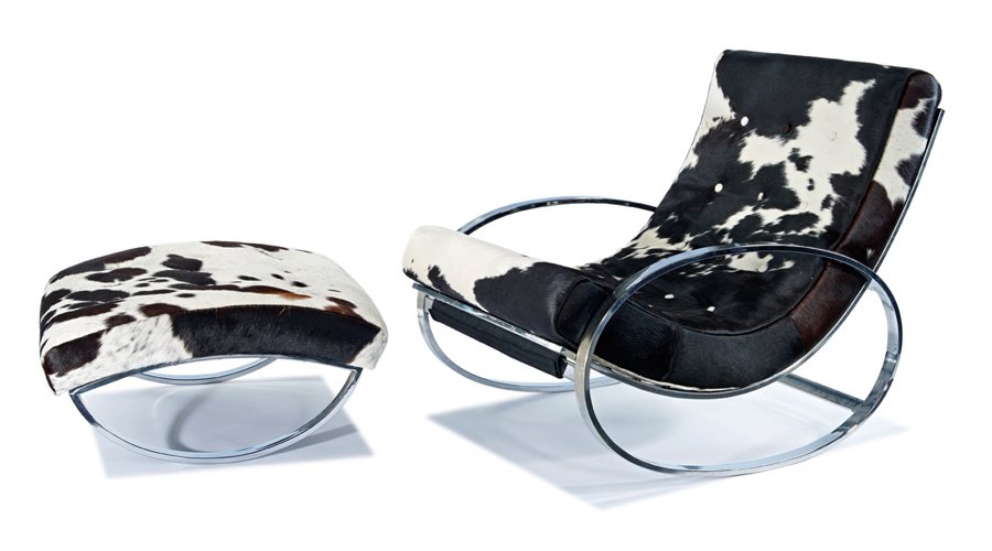 In the style of Milo Baughman, Chairs and ottomans (4): In the style of Milo Baughman Chairs and ottomans (4) Designed c. 1970 Possibly Selig Chairs each: 34" x 42" x 27.75"; Ottomans each: 14" x 29" x 26" Estimate: $5000 - $7000