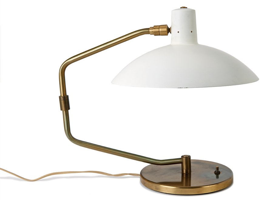 Clay Michie, Desk lamp: Clay Michie Desk lamp Designed 1952 Knoll Retains patent pending serial number markings 16" x 15" x 12" Literature: Knoll International Sales Catalogue. 1959. 112. Estimate: $1200 - $1500