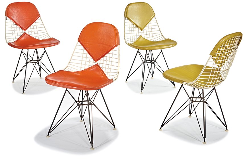 Charles & Ray Eames, Wire Mesh Chair (4): Charles & Ray Eames Wire Mesh Chair (4) Designed 1952 Model no. DKR-2 with Naugahyde bikini pad Herman Miller Three retain upholstery tags Each: 32" x 18.5" x 17" Literature: Neuhart, Marilyn, and Ray