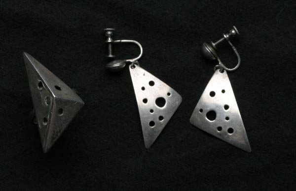 Attributed to Ed Wiener Sterling Ring and Earring: Ring and earring set Sterling Silver, stamped