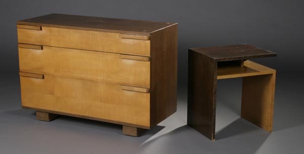Gilbert Rohde Authentic Line, Herman Miller, 3 pcs: "Authentic Line" chest of drawers, end table and mirror (3) Herman Miller, designed circa 1938 Chest retains tag Chest: 44"l x 19.5"w x 30.5"h; End table: 20"l x 15.5"d x 20.5"h