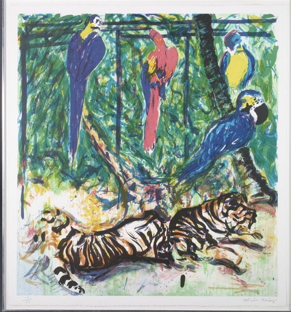 Malcolm Morley Parrots, Lithograph, ARCO: Parrots Color Lithograph 1981 Ed 10/55 Signed and numbered 40" x 37" In excellent condition, with full margins. Framed Provenance: Atlantic Richfield Corporate Art Collection