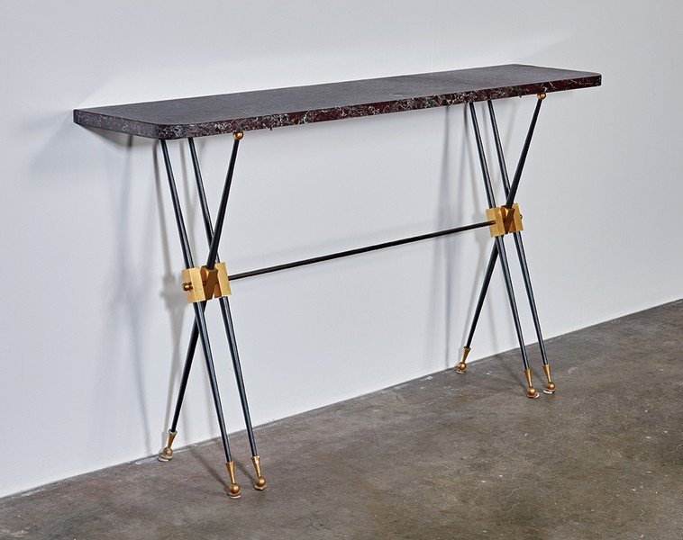 Attributed to Jules & Andre Leleu, Console table: Attributed to Jules & Andre Leleu Console table Designed c. 1961 Possibly Maison Leleu 35.5" x 62" x 14" Literature: The House of Leleu: Classic French Style for a Modern World, 1920-1973. F. Siriex.