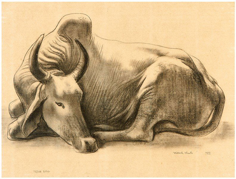 Millard Sheets, Indian Bull: Millard Sheets Indian Bull 1943 Charcoal on paper Title inscribed in sepia ink lower left margin of sheet; signed and dated "India/1943" in graphite lower right margin of sheet Sheet (vis.): 11.625" x