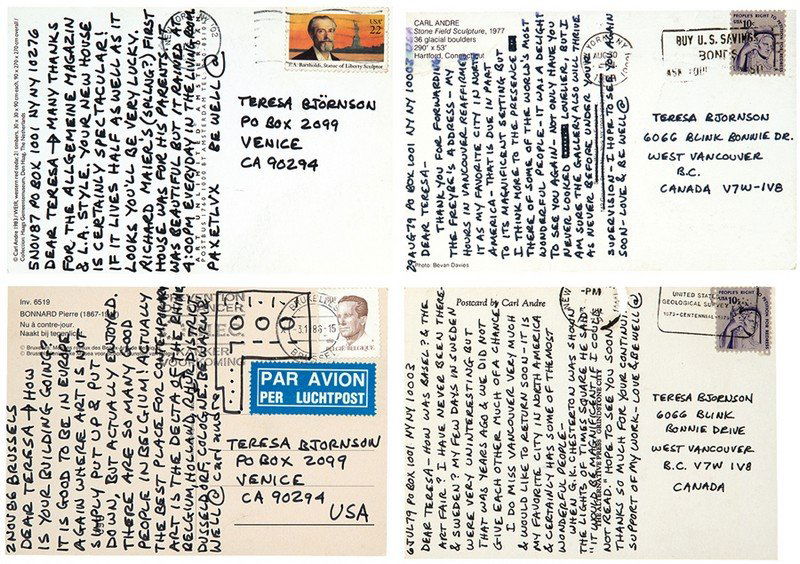 Various Artists, Group of postcards and gallery mailers: Various Artists Group of postcards and gallery mailers (22) 1974-1993 3 signed "@ carl andre", 2 signed "@ carl", 2 signed "Alden Carr", and 14 signed "@" Various dimensions Provenance: Private Colle