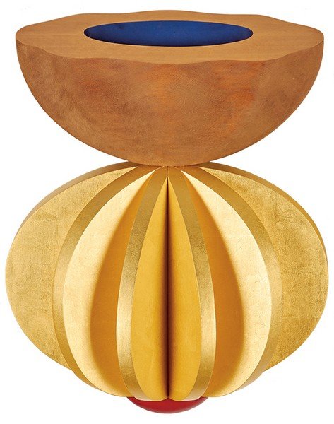 John Okulick, Aura: John Okulick Aura 1988 Wood, pigment, and gold leaf Signed, titled, and dated verso 27" x 24" x 7" Estimate: $3,000 - $5,000