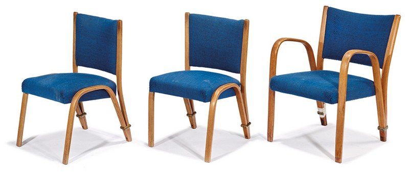 Hugues Steiner, Dining chair (6): Hugues Steiner Dining chair (6) Designed c. 1950s Steiner Side chairs each: 31.5" x 20.25" x 19.5"; Armchairs each: 32.75" x 27.25" x 23.75" Comprised of four side chairs and two armchairs Estimate: $
