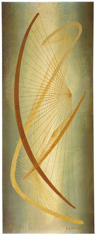 Oskar Fischinger, Spokes #1059: Oskar Fischinger Spokes #1059 1951 Oil on panel Signed lower right; dated with artist's monogram lower left Sheet: 35.25" x 14"; Frame: 37" x 15.75" Together with photograph of Cleo Baldon with painti