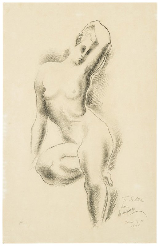 Alexander Archipenko, Untitled (Seated Nude Female): Alexander Archipenko Untitled (Seated Nude Female) 1931 Graphite on Strathmore paper Signed, dated, and inscribed in graphite "To Salka/from/Archipenko/June 15 1931" lower right; bears the inscription