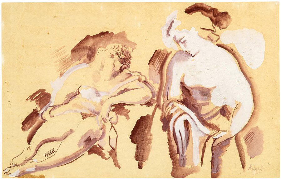 Alexander Archipenko, Untitled (Two seated females): Alexander Archipenko Untitled (Two seated females) c. 1931 Gouache on paper Signed lower right Sheet (vis.): 14" x 22"; Frame: 21.5" x 29.5" Provenance: Salka Viertel; Thence by descent; Jack Larso