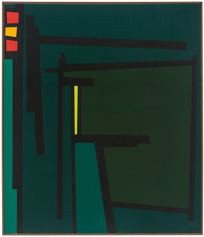 Karl Benjamin, TG #25: Karl Benjamin TG #25 1961 Oil on canvas Initialed and dated lower right; artist's ink stamp canvas stretcher verso; inscribed "TG #25" canvas stretcher verso Canvas: 42" x 36"; Frame: 43" x 37" Estima