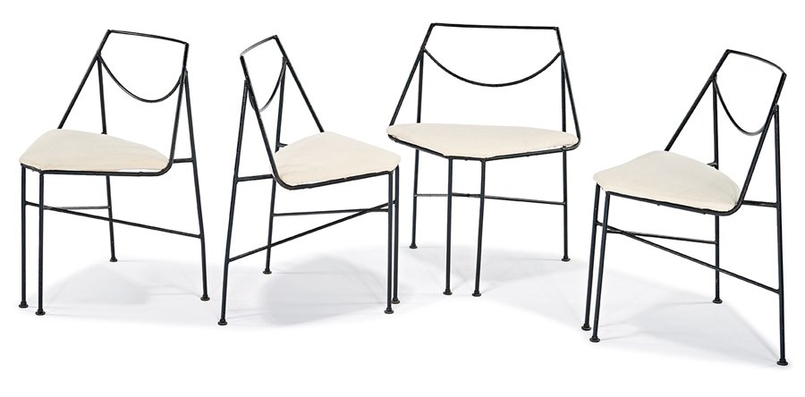 Arthur Umanoff, Wrought iron dining set (5): Arthur Umanoff Wrought iron dining set (5) Designed c. 1950s Possibly Raymor Table: 29.5" x 42" diameter; Chairs each: 30.5" x 24.5" x 19.25" Comprised of a table and four chairs