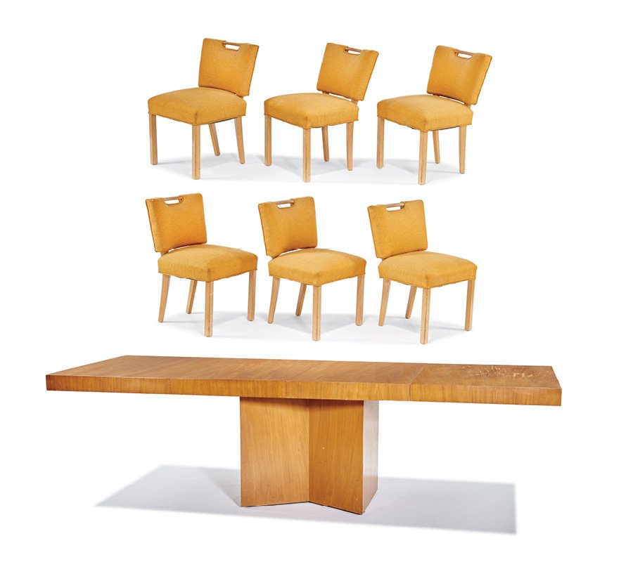 Paul Laszlo, Dining table and chairs (7): Paul Laszlo Dining table and chairs (7) Designed c. 1948 Brown-Saltman Table: 28.75" x 102.5" x 40"; Chairs each: 30" x 20" x 20" Comprised of a table and six side chairs