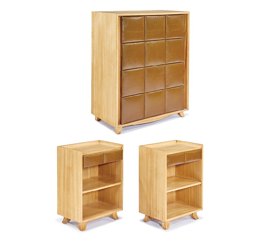 Gilbert Rohde, Bedroom set (3): Gilbert Rohde Bedroom set (3) Designed 1940 Model no. 4140 Herman Miller Each stamped "4140" Chest of drawers: 44.75" x 34.5" x 18.5"; Night stands each: 25" x 18" x 12" Comprised of a chest of drawer