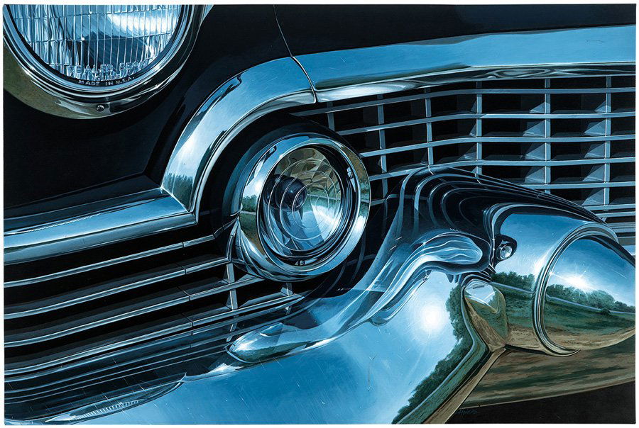 Gus Heinze, Late Afternoon (1956 Cadillac): Gus Heinze Late Afternoon (1956 Cadillac) 1985 Acrylic on gesso panel Signed lower right Panel: 48" x 72"; Frame: 48.625" x 72.75"