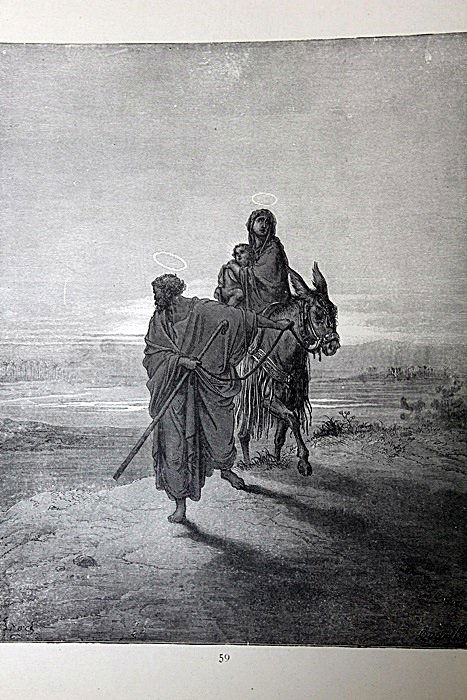 The Dore Bible Gallery "The Flight into Egypt" pg.59: From The Dore Bible Gallery containing one hundred superb illustrations. By Gustave Dore born in the city of Strasburg, January 10, 1833.