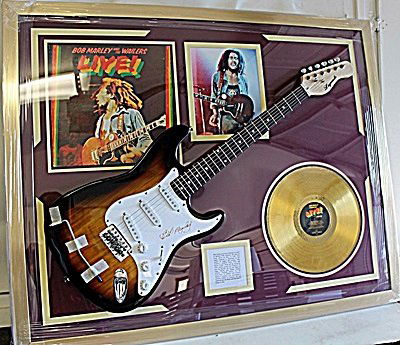 Bob Marley Signed Guitar with Bio, Photo and Album.: Bob Marley Guitar with Laser Matted Autographs.